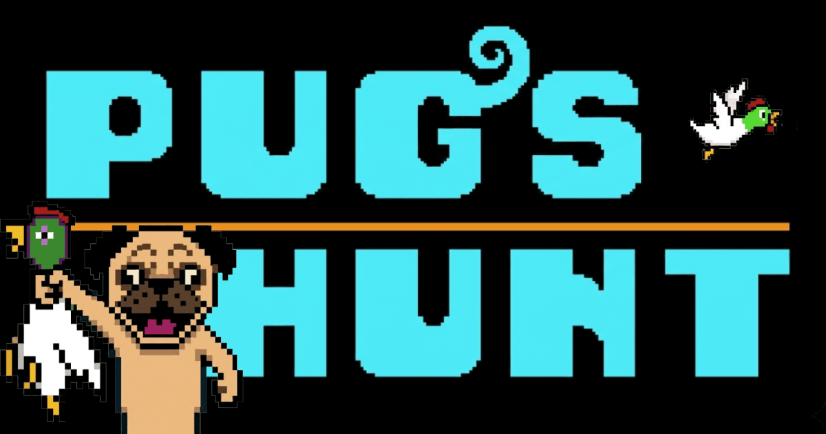 Pug's Hunt browser game using webcam hand tracking to aim and shoot ducks